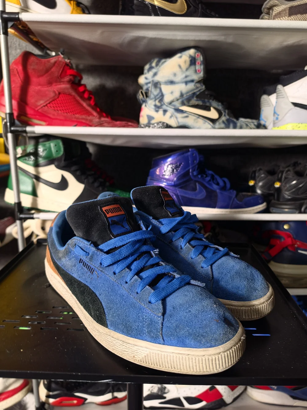 🔥 Puma Men Size 11.5 Blue Suede Athletic Sneakers Black Orange Accents